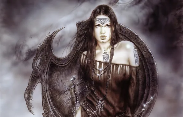 Picture look, girl, dragon, brunette, tattoo, fantasy, shield, Luis Royo