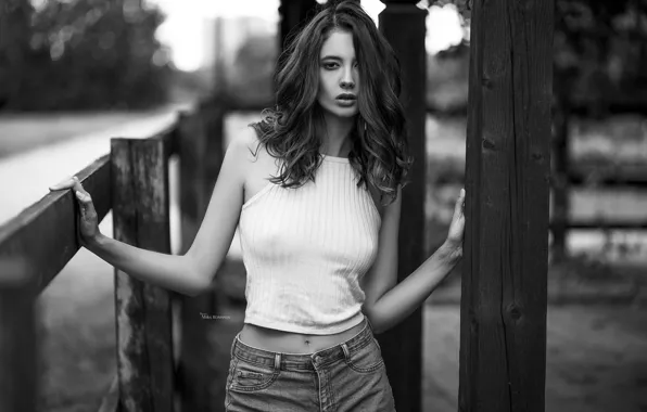Picture look, girl, pose, jeans, hands, black and white, monochrome, Disha Shemetova