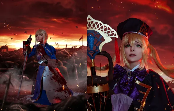 Girl, clouds, weapons, blood, sparks, battlefield, outfits, costumes