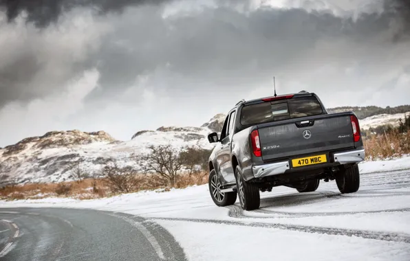 Picture snow, Mercedes-Benz, roadside, pickup, 2017, X-Class, dark gray, UK-version