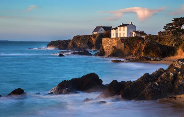 Sea, white, clouds, landscape, stones, rocks, shore, home