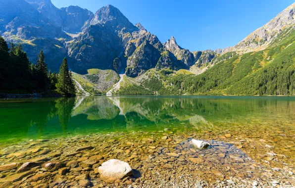 Trees, mountains, lake, stones, rocks, Poland, Tatra National Park, Lake Sea Eye