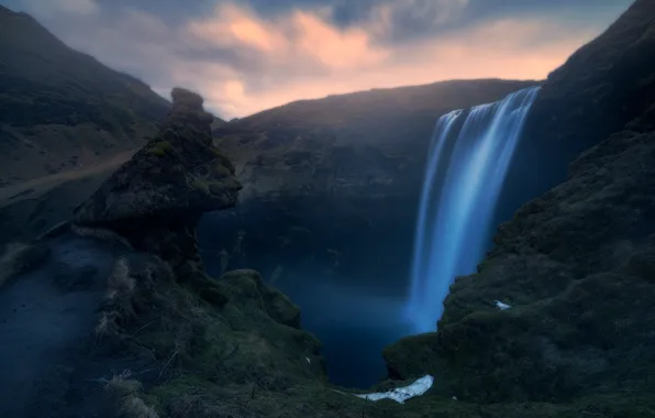 The sky, mountains, stones, rocks, waterfall, stream, twilight