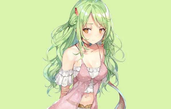 Neckline, corset, green hair, green background, yellow eyes, chalker