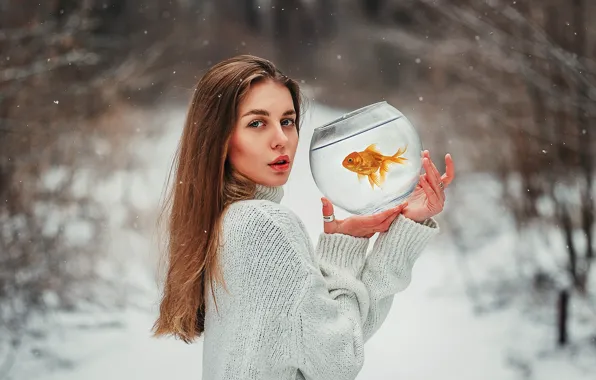 Winter, look, snow, trees, pose, model, aquarium, portrait
