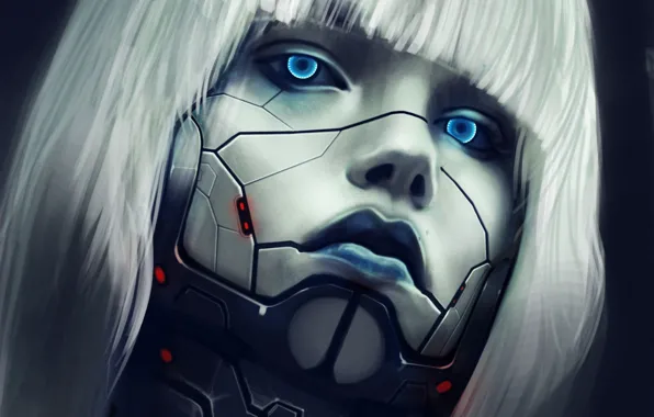 Picture girl, line, metal, face, hair, robot, art
