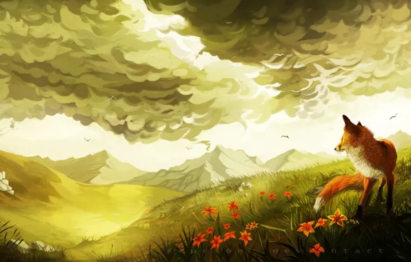 Greens, clouds, flowers, birds, hills, art, Fox, painted landscape