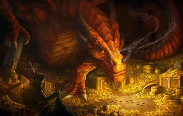 Picture gold, dragon, smoke, art, the hobbit, treasure, The Hobbit: The Desolation Of Smaug, The Hobbit: …