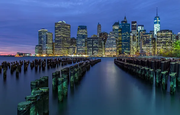 Picture the city, lights, river, building, home, New York, skyscrapers, the evening