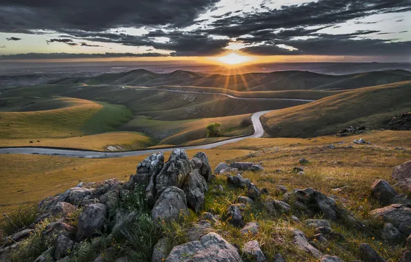 Road, nature, stones, dawn, valley