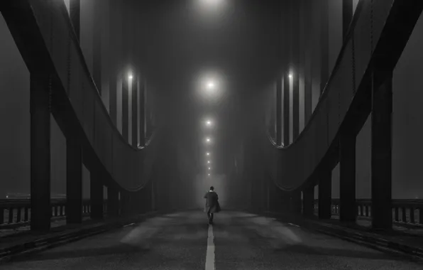 Bridge, lights, fog, people, haze, black and white photo