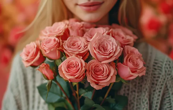 Girl, flowers, holiday, gift, roses, bouquet, March 8, Valentine's Day