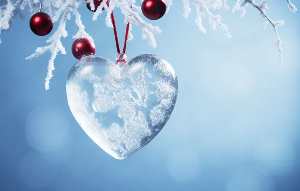 Winter, balls, snow, heart, ice, Christmas, New year, ice