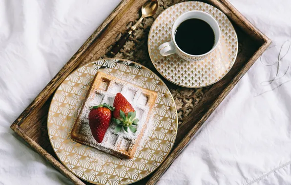 Picture coffee, Breakfast, strawberry, waffles