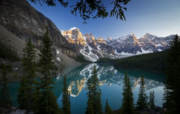 Picture forest, mountains, lake, morning, Banff National Park, Moraine Lake