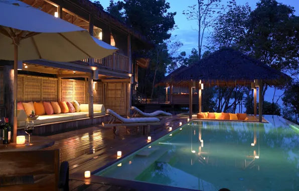 Trees, house, stay, the evening, pillow, umbrella, pool, balcony