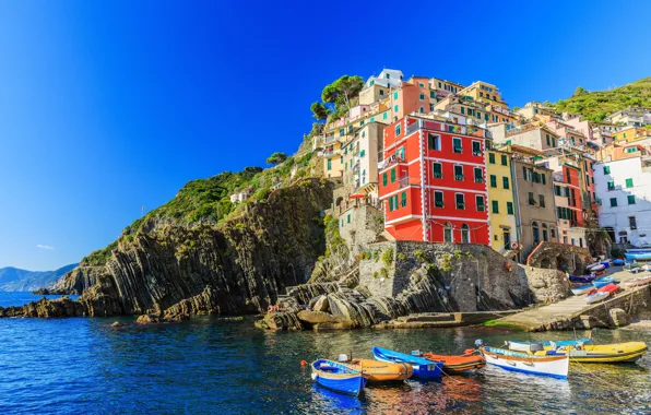 Sea, rocks, coast, Villa, boats, Italy, houses, Riomaggiore