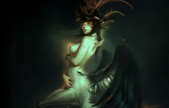 Blood, Being, the demon, horns, bandages, wound, black wings