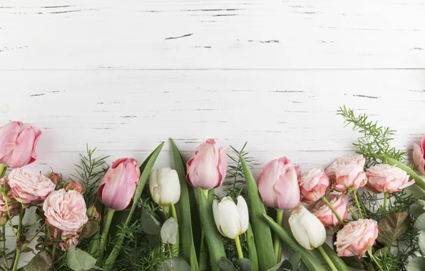 Flowers, roses, tulips, pink, wood, pink, flowers, beautiful