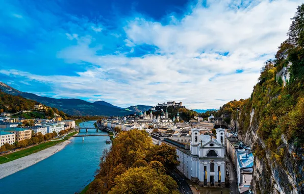 Autumn, the sky, the city, river, Austria, bridges, Austria, Salzburg