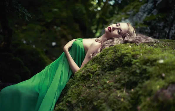 Picture forest, girl, stone, moss, makeup, dress