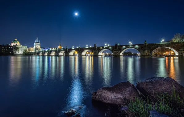 Night, lights, reflection, the moon, Prague, Charles bridge