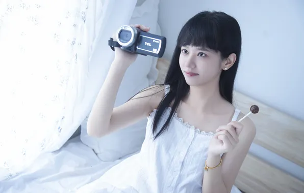 Beautiful, Asian, Model, Bed, Camera, Woman, Pretty, Lollipop