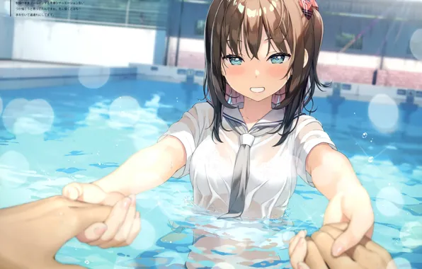 Help, tie, schoolgirl, wet blouse, in the pool, hands, by Kantoku