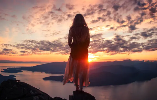 Water, girl, the sun, clouds, rays, sunset, mountains, river