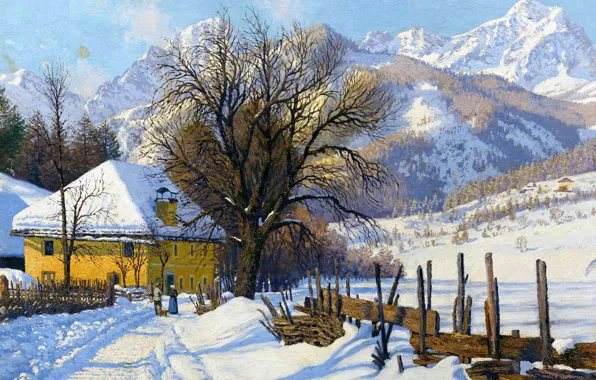 Picture Winter, Mountains, Trees, Snow, House, Picture, Austrian artist, A farm in a sunny winter landscape