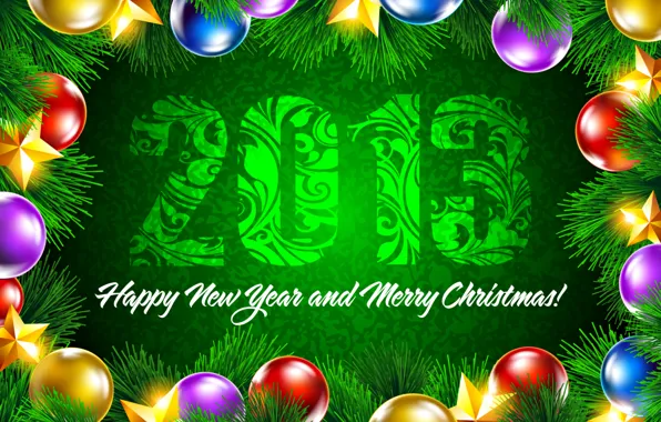 Decoration, green, background, balls, star, stars, New year, Happy New Year