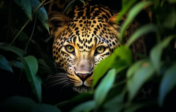 Picture look, face, leaves, nature, portrait, leopard, Peeps, AI art