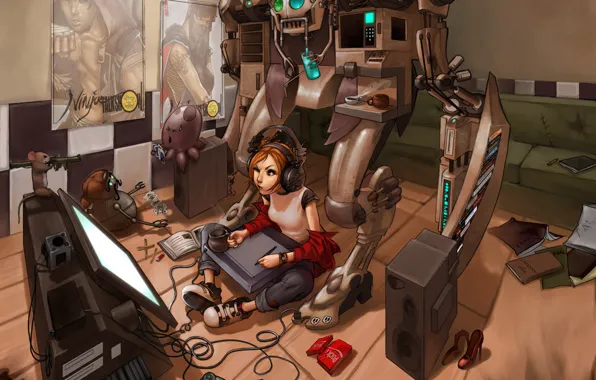 Picture room, toys, robot, headphones, speakers, monitor, draws, mess