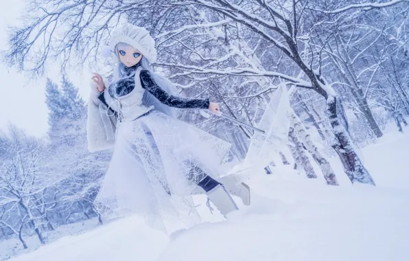 Picture winter, snow, trees, nature, umbrella, mood, toy, doll