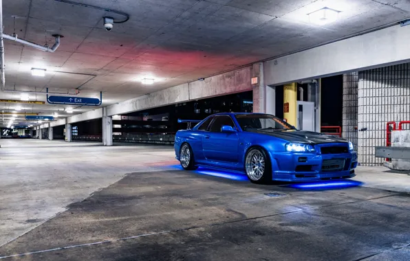 Blue, Lights, R34, Parking, NISMO