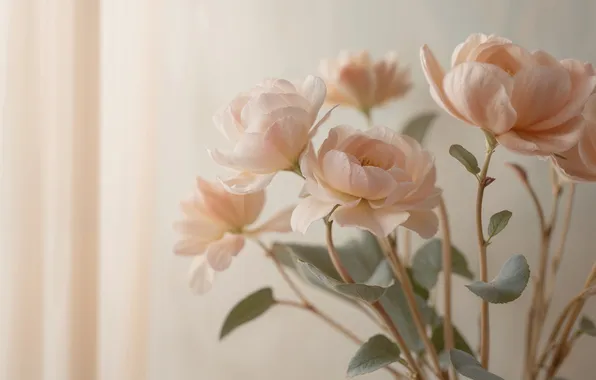 Leaves, bouquet, pink, light background, composition, cream, Ranunculus, Ranunculus