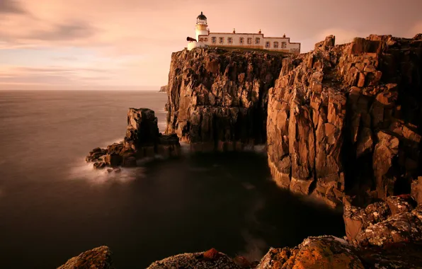 Picture sea, the sky, clouds, stones, rocks, shore, lighthouse, height