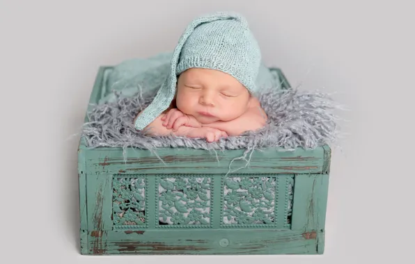 Boy, sleeping, blanket, fur, cap, baby, newborn