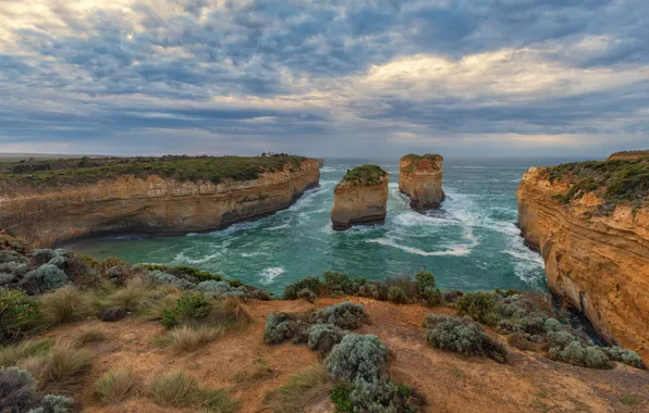 Sea, wave, beach, the sky, clouds, rocks, shore, vegetation