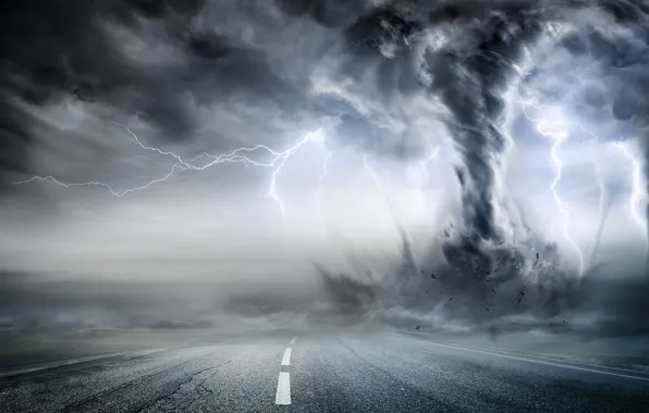 Storm, road, sky, tornado, thunder, powerful, science, vortex