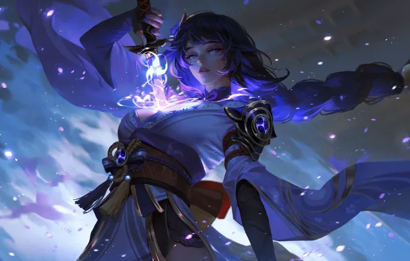 The sky, girl, sword, petals, fantasy, Genshin Impact, Raiden Shogun, NIXEU