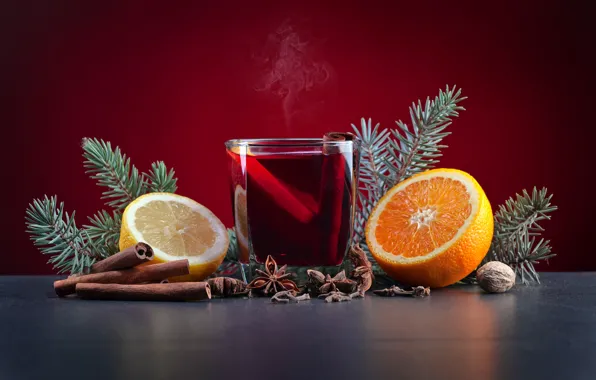 Glass, table, background, lemon, new year, hot, orange, Christmas