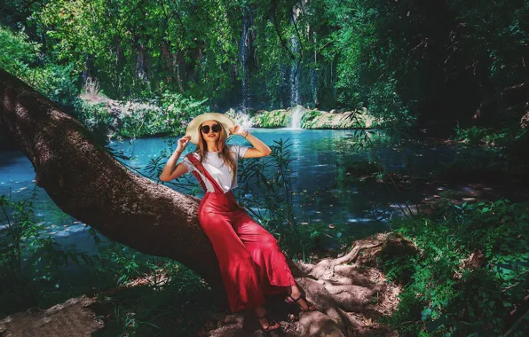 Girl, nature, pose, lake, hat, waterfalls, beautiful, Milicevic, Sergey