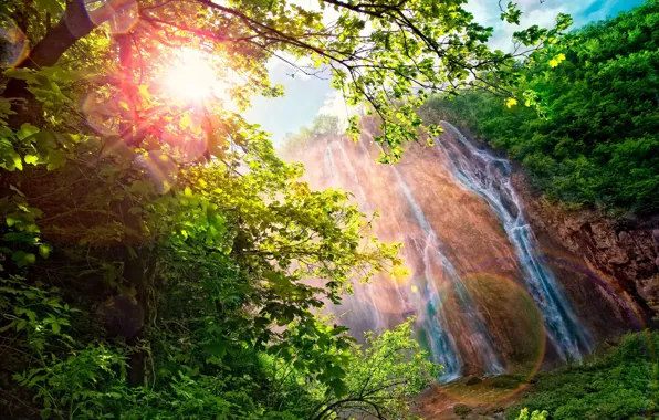 The sun, landscape, mountains, nature, glare, waterfall, rainbow, range