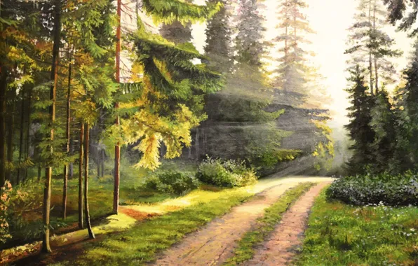 Road, forest, rays, landscape, dawn, picture, morning, painting