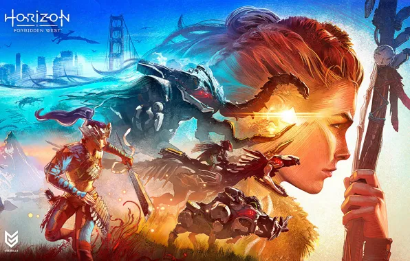 Girl, face, collage, robots, Aloy, Horizon Forbidden West