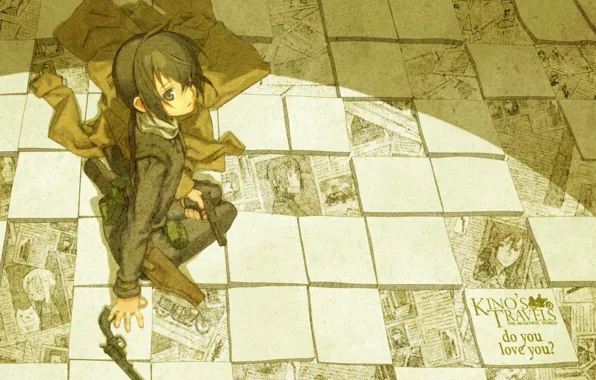 Wallpaper text, shoes, motorcycle, gloves, art, mattress, kino no tabi,  kouhaku kuroboshi for mobile and desktop, section сёнэн, resolution  2550x1840 - download