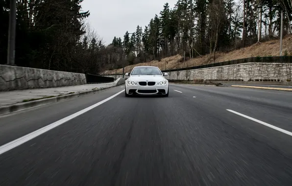 Road, forest, white, trees, bmw, the fence, e92, white.BMW
