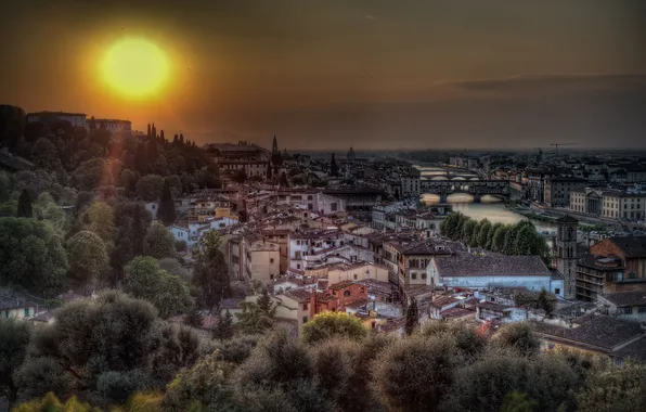 The sun, trees, river, building, bridges, Italy, Florence