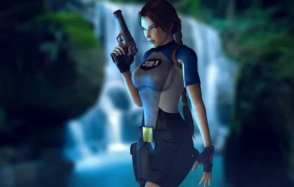 Weapons, hair, guns, waterfall, costume, gloves, pigtail, Lara Croft